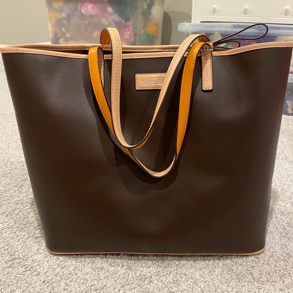 Coach Dark Brown Tote with Tan Trim